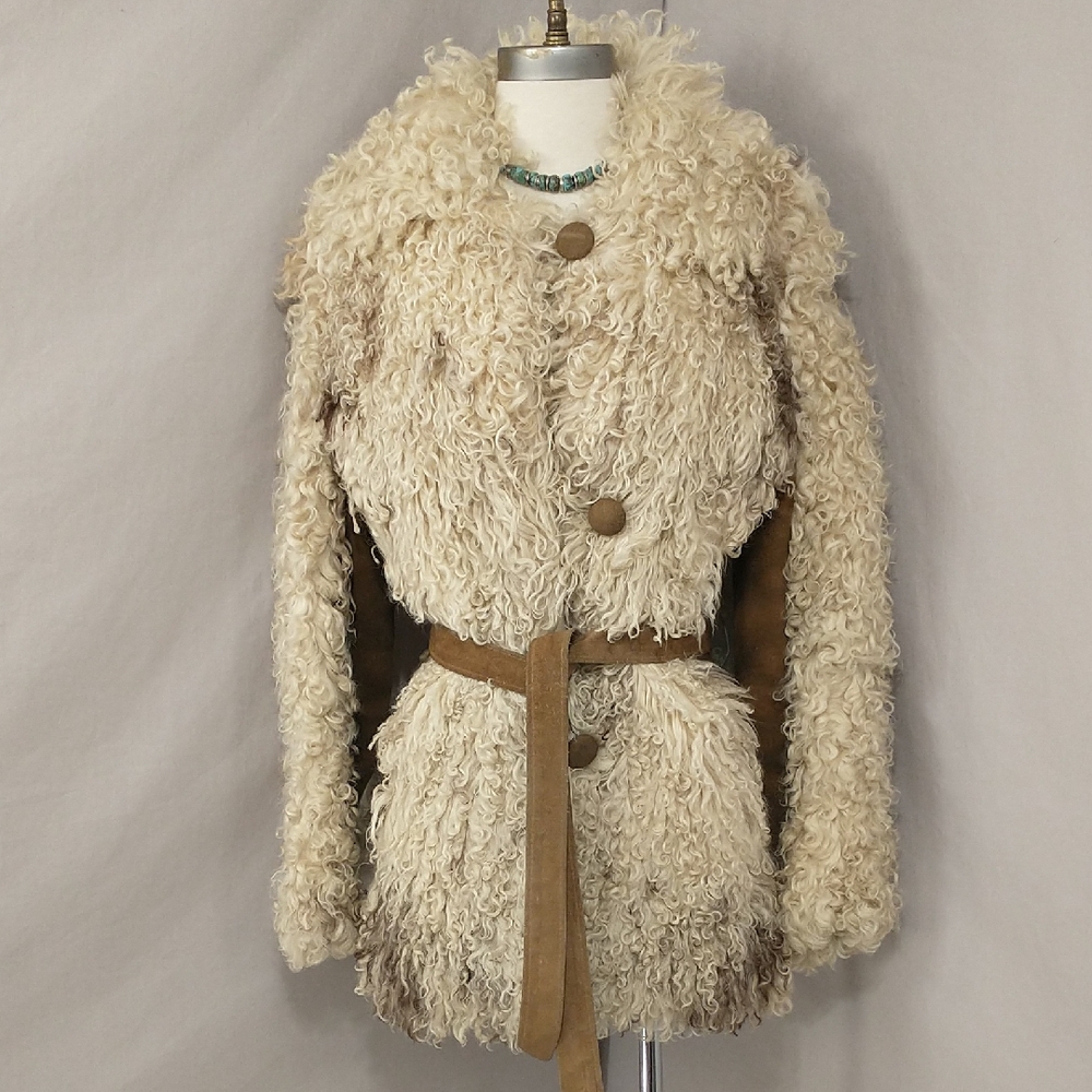 Vintage 60s 70s Mongolian Curly Lamb Coat Belted Teddy Jacket
